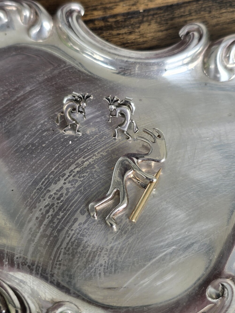 Unmarked Sterling 10k Gold Accent Kokopelli Flute Player Pendant 2.8g & earrings